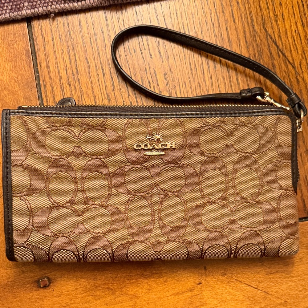 Coach Tan and Brown Signature Wristlet